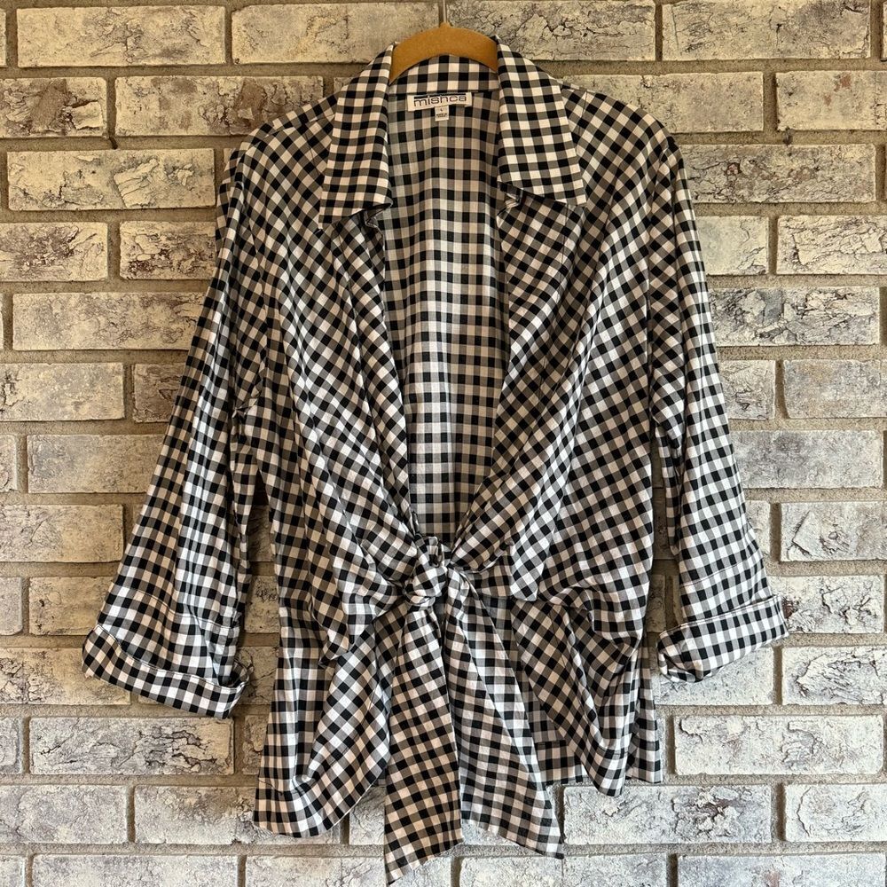 Mishca Black & White Gingham Tie-Front Blouse Size L